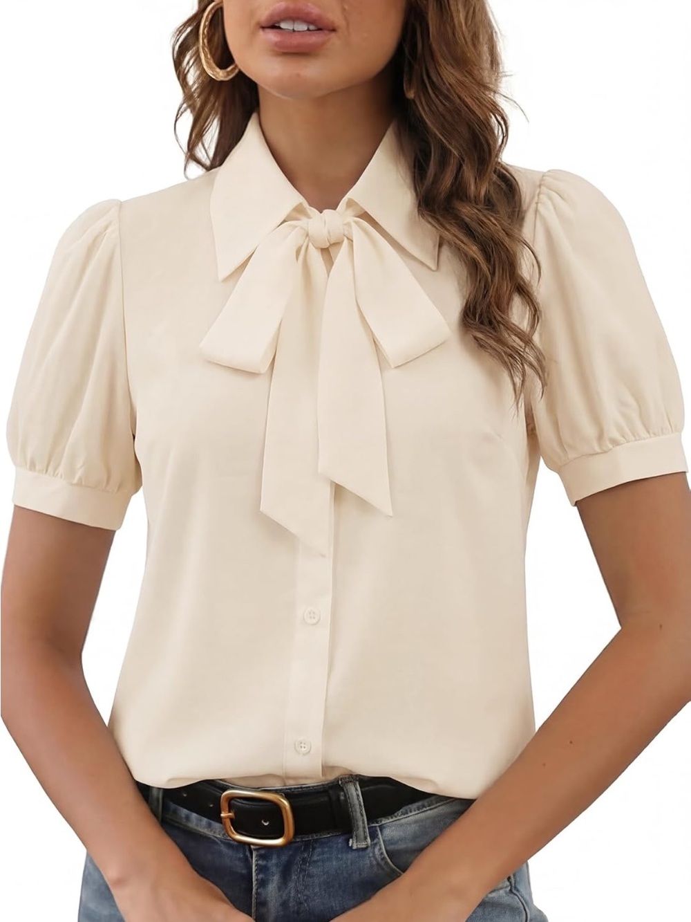 NWOT Cream Bow Tie Short Sleeve Button-Up